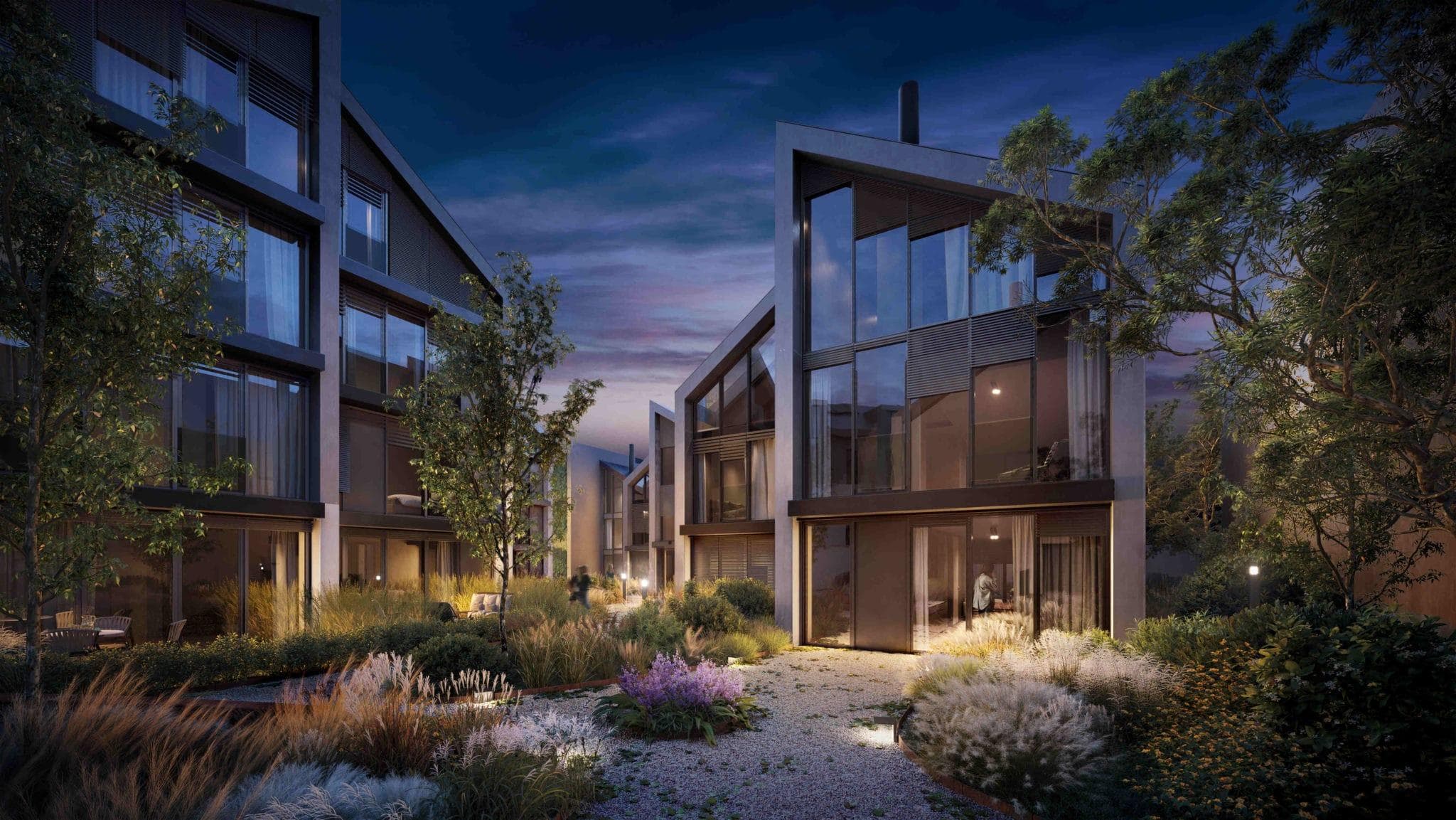 A luxury residential community at dusk